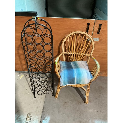 289 - WICKER ARM CHAIR, WINE RACK