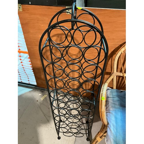 289 - WICKER ARM CHAIR, WINE RACK