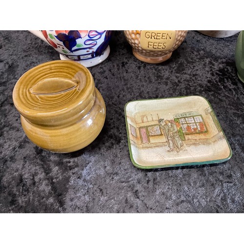 4 - BOX OF CHINA TO INCLUDE MORTAR AND PESTLE, ROYAL DOULTON , MASONS PLATE AND A BAG OF PINE CONES ETC