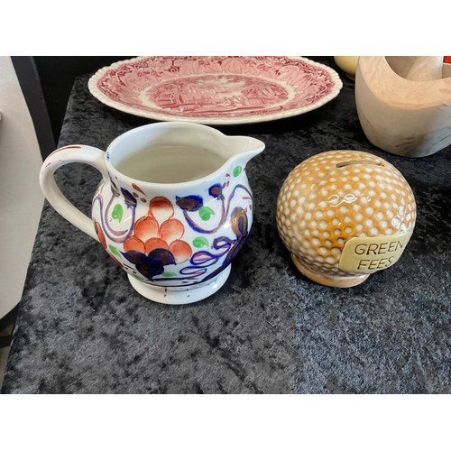 4 - BOX OF CHINA TO INCLUDE MORTAR AND PESTLE, ROYAL DOULTON , MASONS PLATE AND A BAG OF PINE CONES ETC