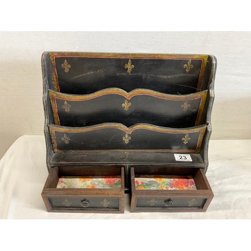 23 - HAND PAINTED DESK PAPER ORGANISER WITH TWO SMALL DRAWERS ORIGINATES FROM SOUTH EAST ASIA IN 1950'S A... 