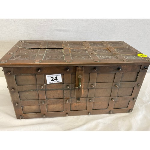 24 - COPPER ORNATE BOX WITH RED VELVET INTERIOR MADE TO LOOK LIKE OLD RIVETED CASKET