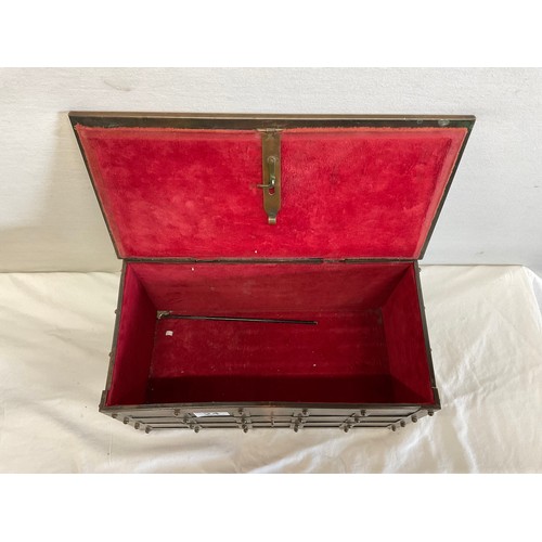 24 - COPPER ORNATE BOX WITH RED VELVET INTERIOR MADE TO LOOK LIKE OLD RIVETED CASKET