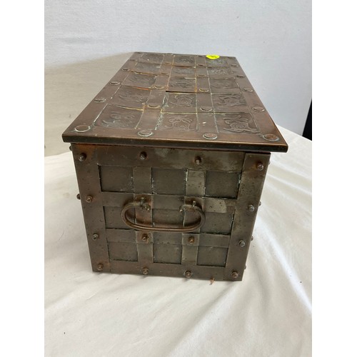 24 - COPPER ORNATE BOX WITH RED VELVET INTERIOR MADE TO LOOK LIKE OLD RIVETED CASKET