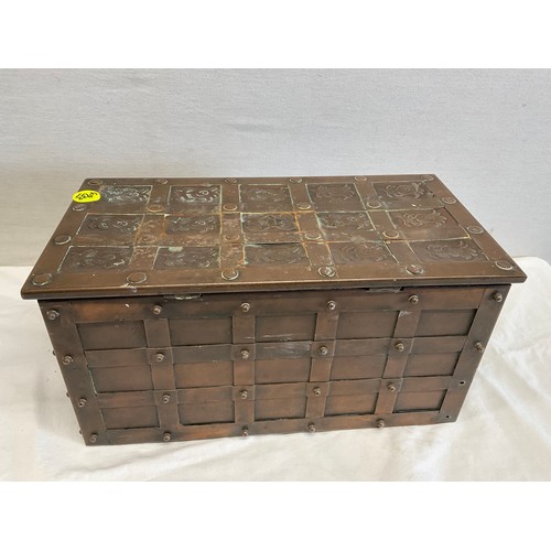 24 - COPPER ORNATE BOX WITH RED VELVET INTERIOR MADE TO LOOK LIKE OLD RIVETED CASKET