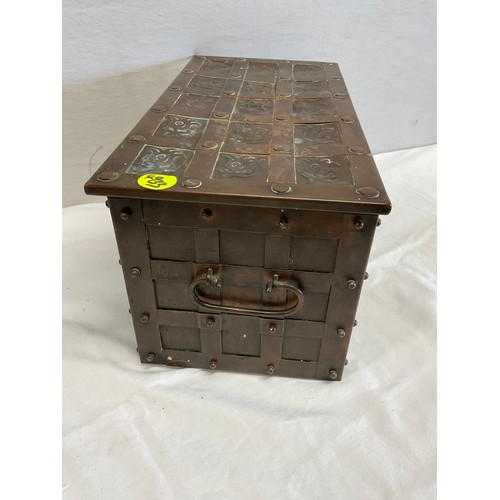 24 - COPPER ORNATE BOX WITH RED VELVET INTERIOR MADE TO LOOK LIKE OLD RIVETED CASKET