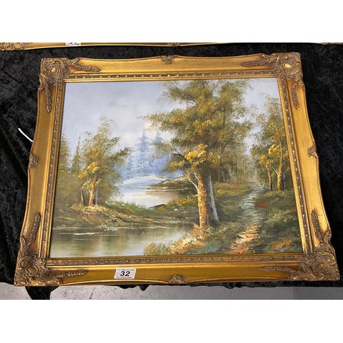 32 - TWO MODERN OIL ON CANVAS WOODEN GILT FRAMED PICTURES DEPICTING WOODLAND SCENES NO SIGNATURES LRAGEST... 