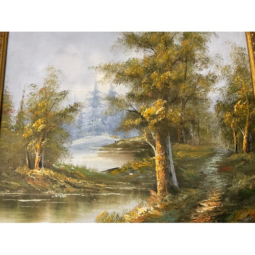 32 - TWO MODERN OIL ON CANVAS WOODEN GILT FRAMED PICTURES DEPICTING WOODLAND SCENES NO SIGNATURES LRAGEST... 