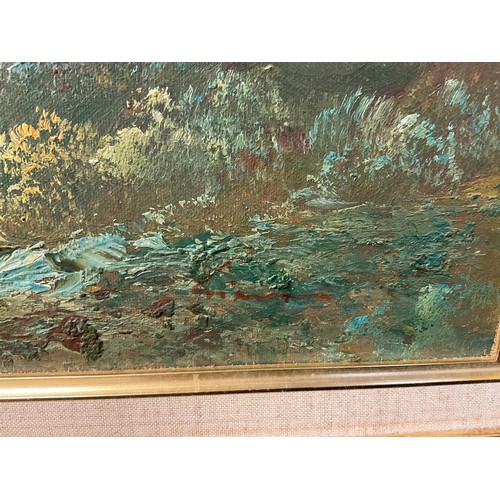 32 - TWO MODERN OIL ON CANVAS WOODEN GILT FRAMED PICTURES DEPICTING WOODLAND SCENES NO SIGNATURES LRAGEST... 