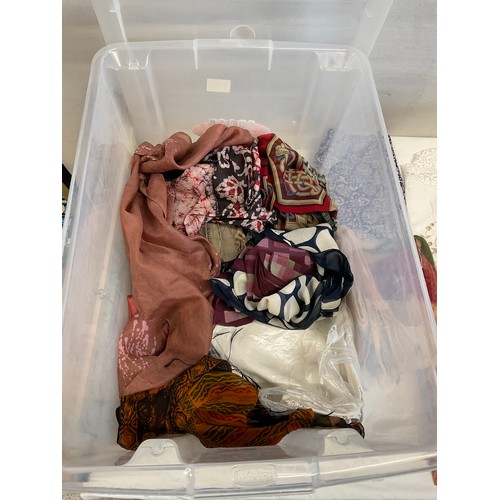 39 - BOX OF FABRIC AND MATERIAL TO INCLUDE A EMBROIDERED TABLE CLOTH FROM 1930'S, PIERRE CARDIN SCARF