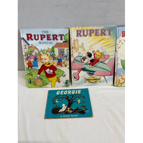 40 - BOX OF CHILDRENS BOOKS TO INCLUDE RUPERT, ALICE IN WONDERLAND AND A TOY CAT ETC