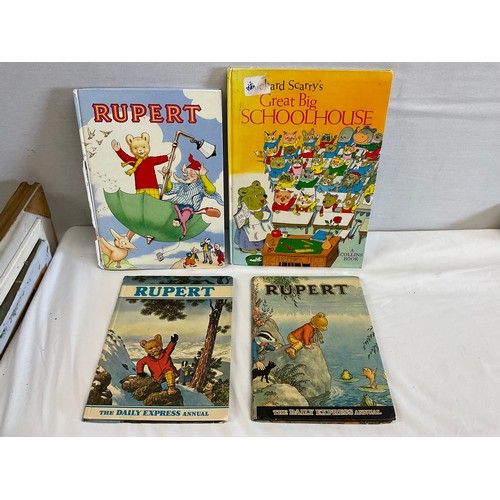 40 - BOX OF CHILDRENS BOOKS TO INCLUDE RUPERT, ALICE IN WONDERLAND AND A TOY CAT ETC