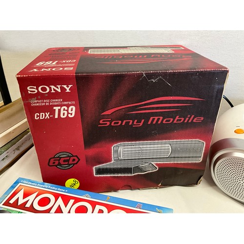 51 - BOX OF ELECTRICAL ITEMS SONY MOBILE DISC CHANGER, CD SOUND MACHINE, LED LIGHT AND MONOPOLY ETC