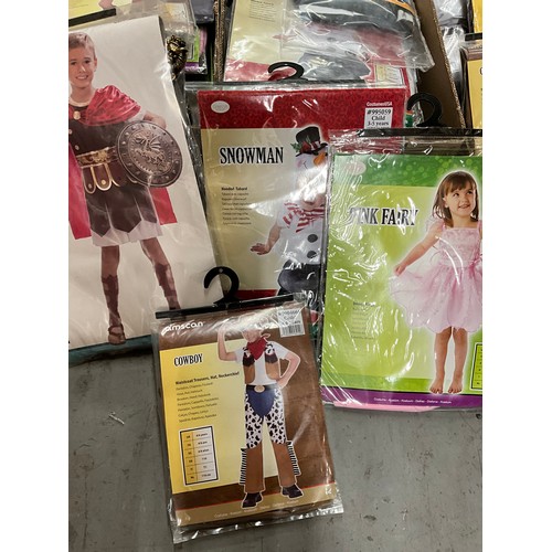 52 - THREE BOXES OF COSTUMES TO INCLUDE VICTORIAN BOY, PINK FAIRY, DOCTOR WHO ETC