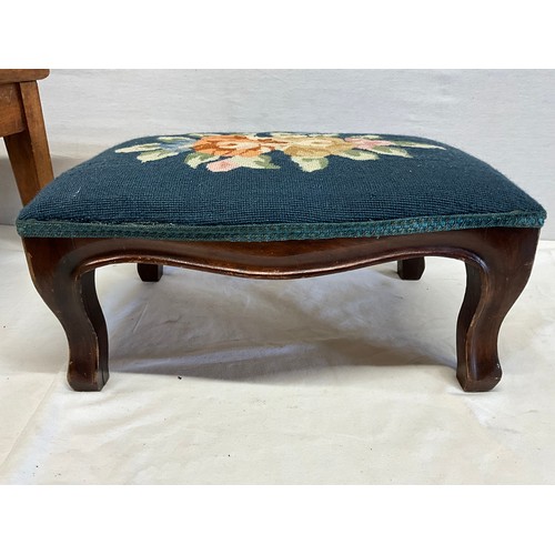 57 - TWO WOODEN FOOT STOOLS WITH EMBROIDERED TOPS