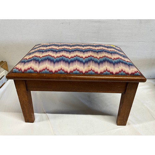 57 - TWO WOODEN FOOT STOOLS WITH EMBROIDERED TOPS