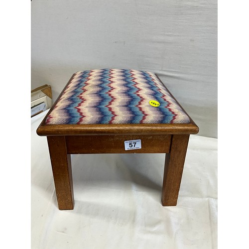 57 - TWO WOODEN FOOT STOOLS WITH EMBROIDERED TOPS