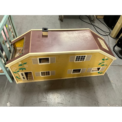 63 - VINTAGE DOLLS HOUSE WITH PERIOD FURNITURE AND A WOODEN VINTAGE DOLLS COT WITH DOLL