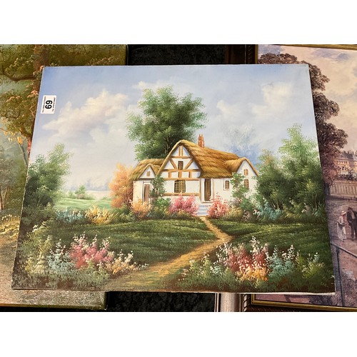 69 - FIVE ASSORTED PICTURES TO INCLUDE TWO OIL ON CANVAS COUNTRY SCENES AND OIL ON CANVAS LAKE SCENE IN W... 