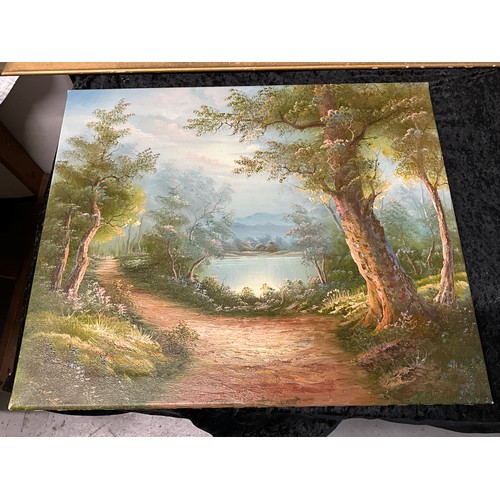 69 - FIVE ASSORTED PICTURES TO INCLUDE TWO OIL ON CANVAS COUNTRY SCENES AND OIL ON CANVAS LAKE SCENE IN W... 