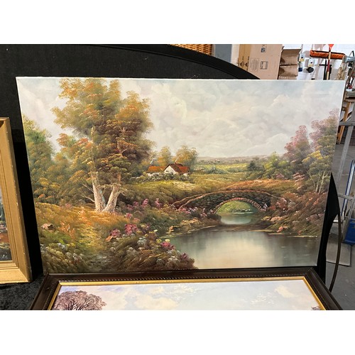 69 - FIVE ASSORTED PICTURES TO INCLUDE TWO OIL ON CANVAS COUNTRY SCENES AND OIL ON CANVAS LAKE SCENE IN W... 