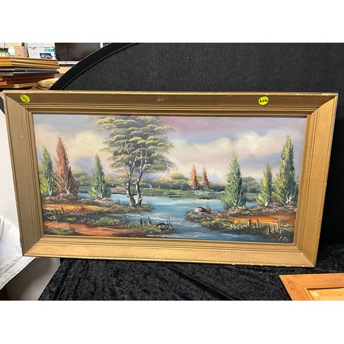 69 - FIVE ASSORTED PICTURES TO INCLUDE TWO OIL ON CANVAS COUNTRY SCENES AND OIL ON CANVAS LAKE SCENE IN W... 