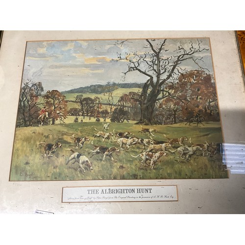 45 - FRAMED SIGNED PICTURE ENTITLED THE ALBRIGHTON HUNT 47/250 DEPICTING DOGS AND HORSES IN A FIELD 23