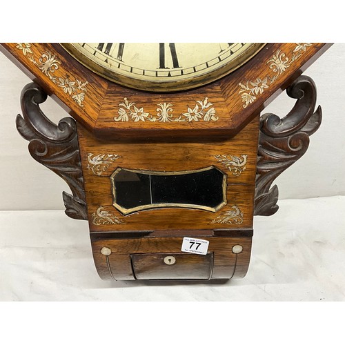 77 - MOTHER OF PEARL INLAID ROSEWOOD DROP BOX WALL CLOCK WITH A FUSEE MOVEMENT BRASS BESEL OF 12