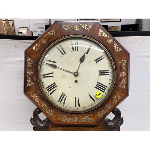 77 - MOTHER OF PEARL INLAID ROSEWOOD DROP BOX WALL CLOCK WITH A FUSEE MOVEMENT BRASS BESEL OF 12