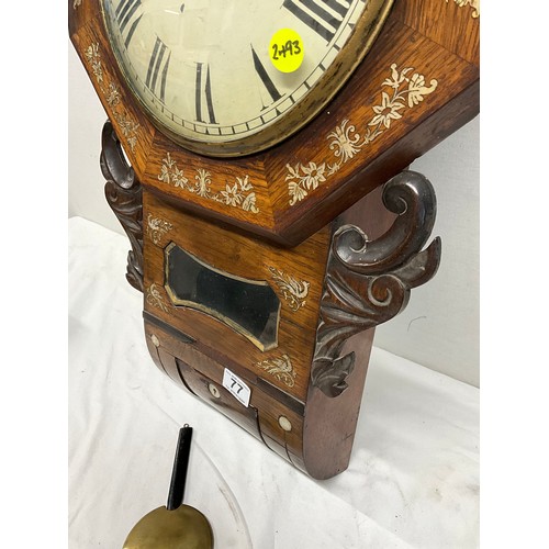 77 - MOTHER OF PEARL INLAID ROSEWOOD DROP BOX WALL CLOCK WITH A FUSEE MOVEMENT BRASS BESEL OF 12