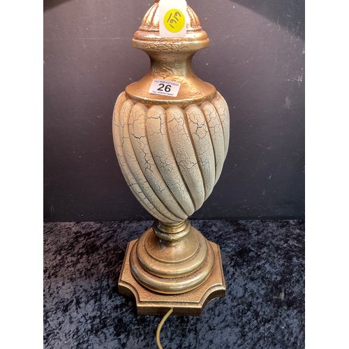 26 - MODERN TALL TABLE LAMP WITH WOODEN COLUMN PAINTED IN GOLD TO BASE AND NECK WITH A CRACKLED ORNATE PA... 