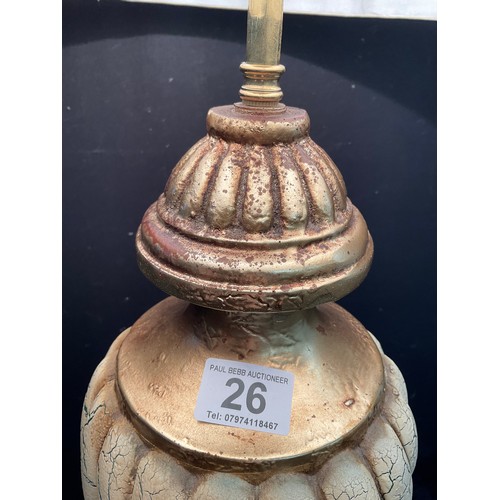 26 - MODERN TALL TABLE LAMP WITH WOODEN COLUMN PAINTED IN GOLD TO BASE AND NECK WITH A CRACKLED ORNATE PA... 