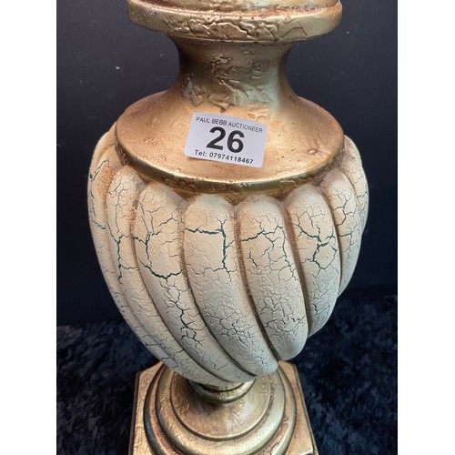 26 - MODERN TALL TABLE LAMP WITH WOODEN COLUMN PAINTED IN GOLD TO BASE AND NECK WITH A CRACKLED ORNATE PA... 