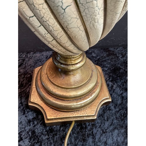 26 - MODERN TALL TABLE LAMP WITH WOODEN COLUMN PAINTED IN GOLD TO BASE AND NECK WITH A CRACKLED ORNATE PA... 