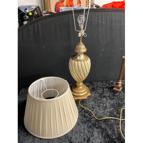 26 - MODERN TALL TABLE LAMP WITH WOODEN COLUMN PAINTED IN GOLD TO BASE AND NECK WITH A CRACKLED ORNATE PA... 