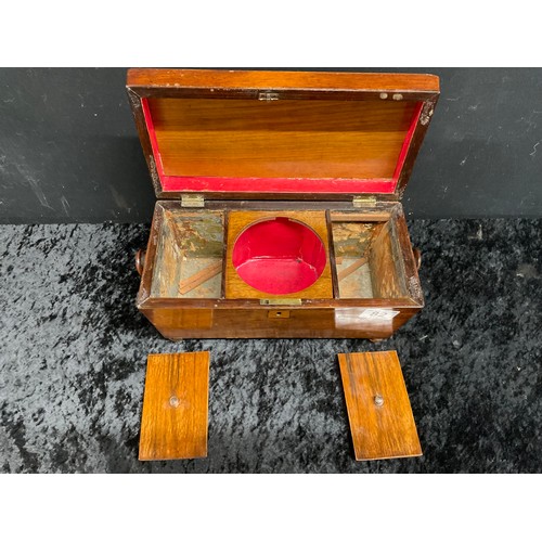 82 - ANTIQUE WALNUT INLAID TEA CADDY COMPLETE COVERS NO MIXING BOWL TO CENTER WITH LIONS HEAD HANDLES ON ... 