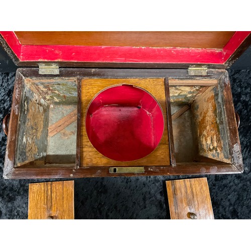 82 - ANTIQUE WALNUT INLAID TEA CADDY COMPLETE COVERS NO MIXING BOWL TO CENTER WITH LIONS HEAD HANDLES ON ... 