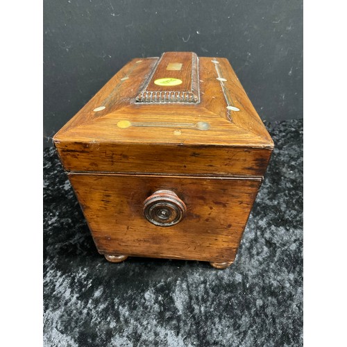 82 - ANTIQUE WALNUT INLAID TEA CADDY COMPLETE COVERS NO MIXING BOWL TO CENTER WITH LIONS HEAD HANDLES ON ... 