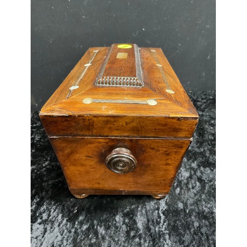 82 - ANTIQUE WALNUT INLAID TEA CADDY COMPLETE COVERS NO MIXING BOWL TO CENTER WITH LIONS HEAD HANDLES ON ... 