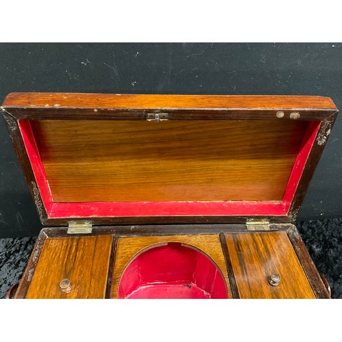 82 - ANTIQUE WALNUT INLAID TEA CADDY COMPLETE COVERS NO MIXING BOWL TO CENTER WITH LIONS HEAD HANDLES ON ... 