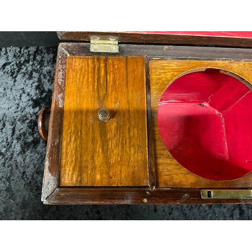 82 - ANTIQUE WALNUT INLAID TEA CADDY COMPLETE COVERS NO MIXING BOWL TO CENTER WITH LIONS HEAD HANDLES ON ... 