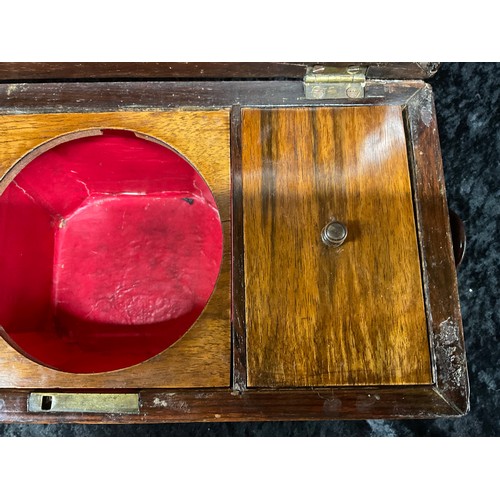 82 - ANTIQUE WALNUT INLAID TEA CADDY COMPLETE COVERS NO MIXING BOWL TO CENTER WITH LIONS HEAD HANDLES ON ... 