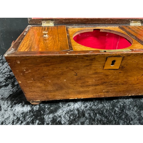 82 - ANTIQUE WALNUT INLAID TEA CADDY COMPLETE COVERS NO MIXING BOWL TO CENTER WITH LIONS HEAD HANDLES ON ... 