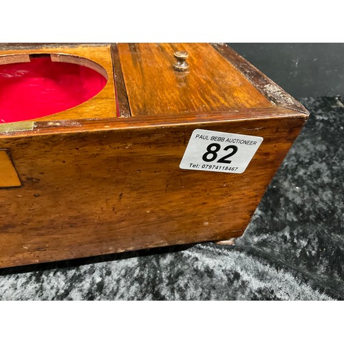 82 - ANTIQUE WALNUT INLAID TEA CADDY COMPLETE COVERS NO MIXING BOWL TO CENTER WITH LIONS HEAD HANDLES ON ... 