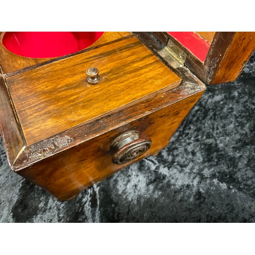 82 - ANTIQUE WALNUT INLAID TEA CADDY COMPLETE COVERS NO MIXING BOWL TO CENTER WITH LIONS HEAD HANDLES ON ... 