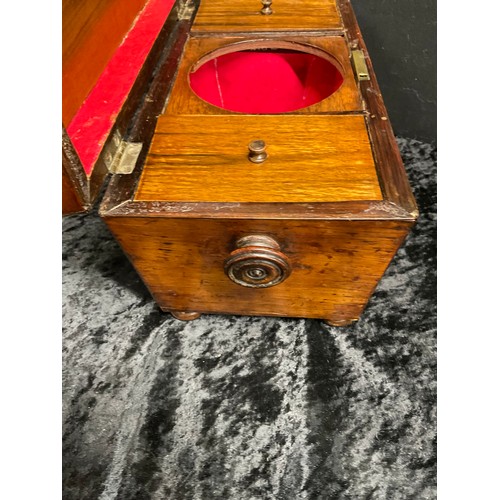 82 - ANTIQUE WALNUT INLAID TEA CADDY COMPLETE COVERS NO MIXING BOWL TO CENTER WITH LIONS HEAD HANDLES ON ... 