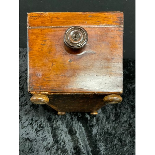 82 - ANTIQUE WALNUT INLAID TEA CADDY COMPLETE COVERS NO MIXING BOWL TO CENTER WITH LIONS HEAD HANDLES ON ... 