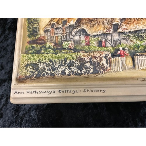 87 - PAIR OF IDOREX PLAQUES STAMPED TO BACK DEPICTING ANNE HATHAWAYS COTTAGE AND IRISH COTTAGE SLIGHT CHI... 