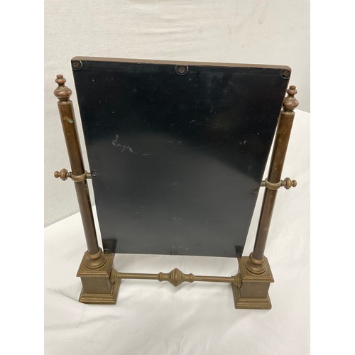 82A - VINTAGE BRASS VANITY MIRROR WITH TURNED FINIALS - HEIGHT 16”, LENGTH 13”, WIDTH 3”