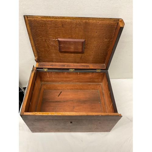 97 - ANTIQUE OAK TRAVEL BOX WITH ORIGINAL BRASS HANDLE AND KEYS A/F W13